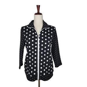 Onque Casual Polka Dot Black Full Zip Front 3/4 Sleeves Knit Jacket - Size Small